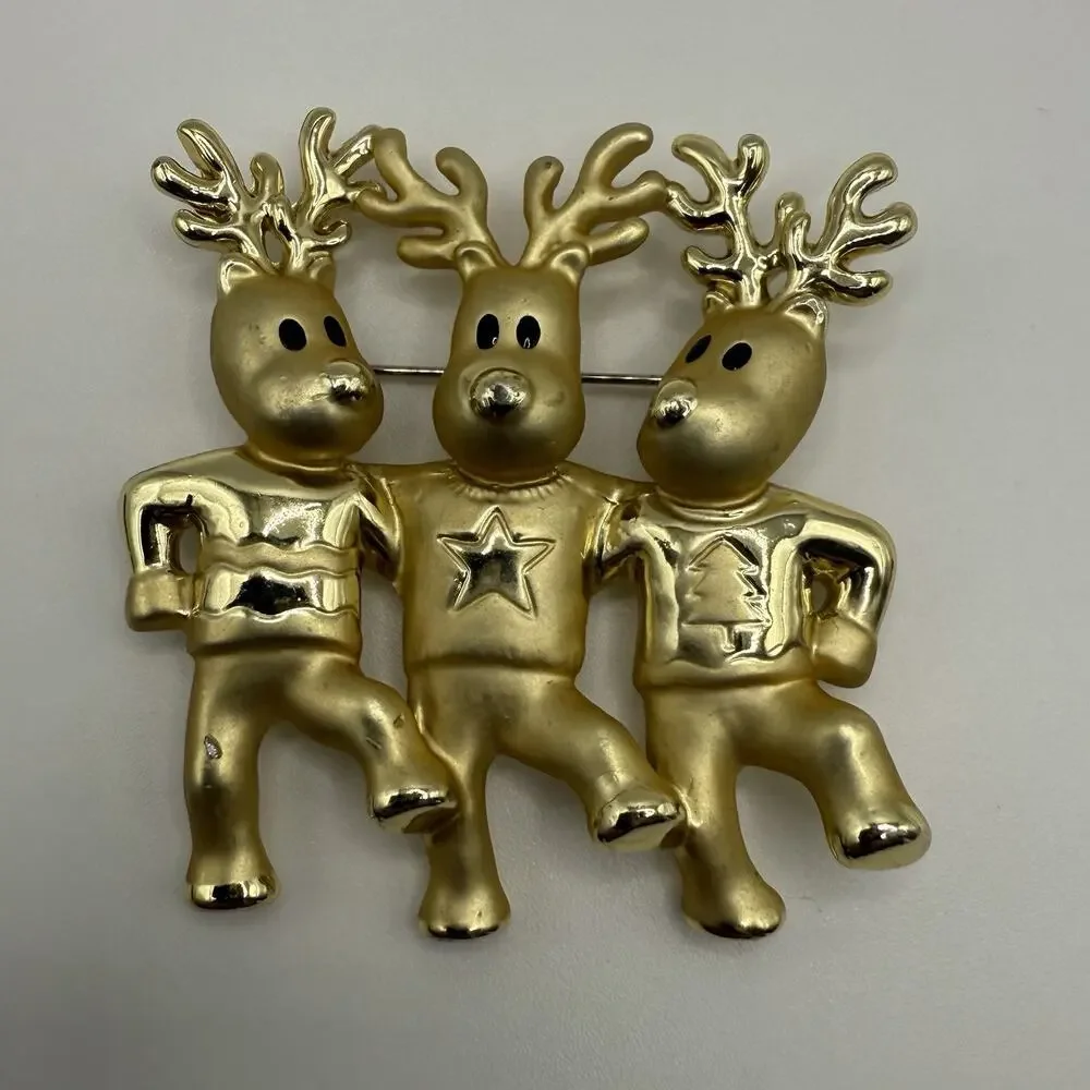 Vintage Holiday Brooch Pin Lot‎ Gold Tone Acrylic Dancing Reindeer Poinsettia